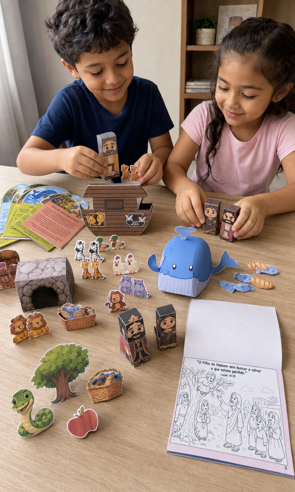 Crianças brincando com personagens bíblicos em 3D